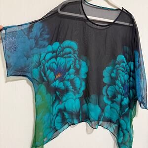 Cocoon House Womens Silk Top Blue Green Floral Art to Wear Fairy Whimsy Ethereal
